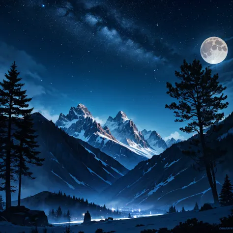 a night scene with a full moon, blue night sky lights, many stars, mountains, and tree