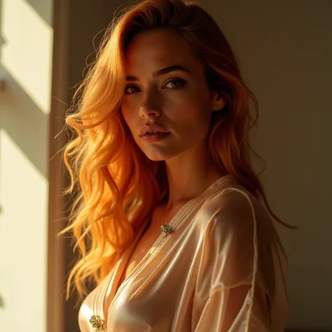 sexly woman, Wearing a thin silk dress, Skin is hydrated, Glossy skin, Looking at the camera 36k defogging, whole body, Backlight, Chic of Fashion Editorial, 花of, Body contour light, Backlight silhouette silhouette((Light orange hair)) (Fashion Haute Coutu...