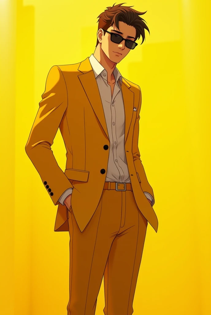 A square size picture of an anime sexy gentleman in yellow suit with cool sunglasses selfie picture and yellow background (sunlight)