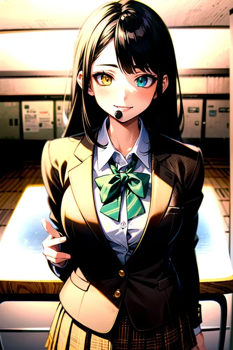 （（super high quality,））（（Ultra-high resolution,））（16K,）（super masterpiece,）（（Ultra HD ,））（Detailed shading,）Upper body photo,One mature high school girl,Blue-green blazer,White dress shirt,The third button is open,（（Yellow striped bow tie,））Brown plaid min...