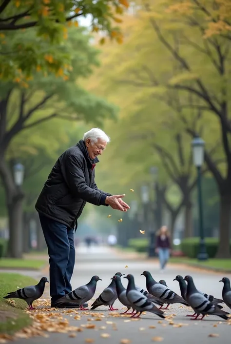 Quaint image of an elderly person
 feeding pigeons in a quiet city park,
 taken with a Nikon D780, 85mm lens.
 The gentle, caring gesture and the
 birds flocking around create a serene,
 heartwarming scene, a snapshot of
 simple, everyday joy