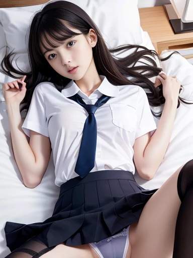 school uniform,((())),No makeup,High resolution,Professional photos,High resolution,Small breasts,,slim, Lie on your back on the bed, Open legs to show panties, Frightened expression, Tears in my eyes