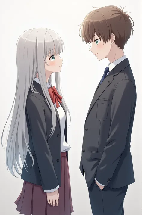 A silver hair girl facing on left and boy facing on right giprs in morden school uifom and boy also in school uniform girl hair is silver and boy hair is bron 