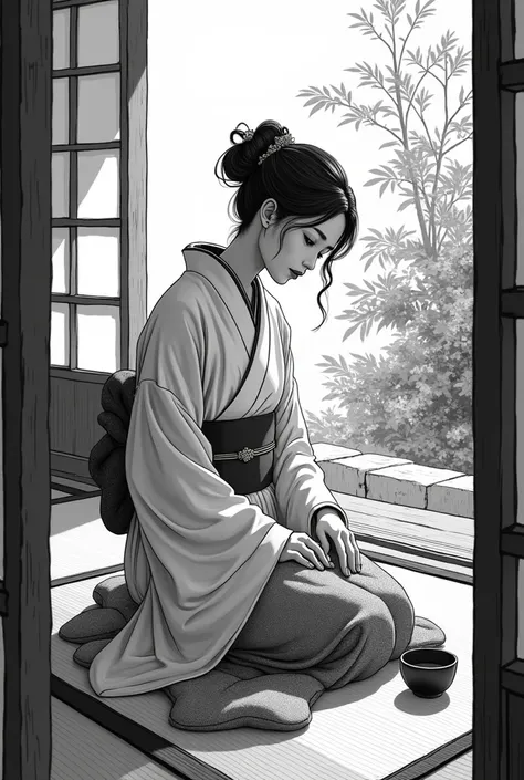  traditional Japanese tea ceremony, kimono, tatami, Masterpiece, top class, unique, line drawing background, white background, monochrome, line drawing, ((sketch)).