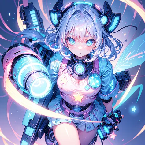 1girl,Perfect Anatomy、、Perfect joints、Highest quality、Masterpiece、Star Fairy、cyber punk、simple background、Kawaiitech、Big Goggles、one piece、Cute and unique scooter,KAWAII TECH,Depiction from above、