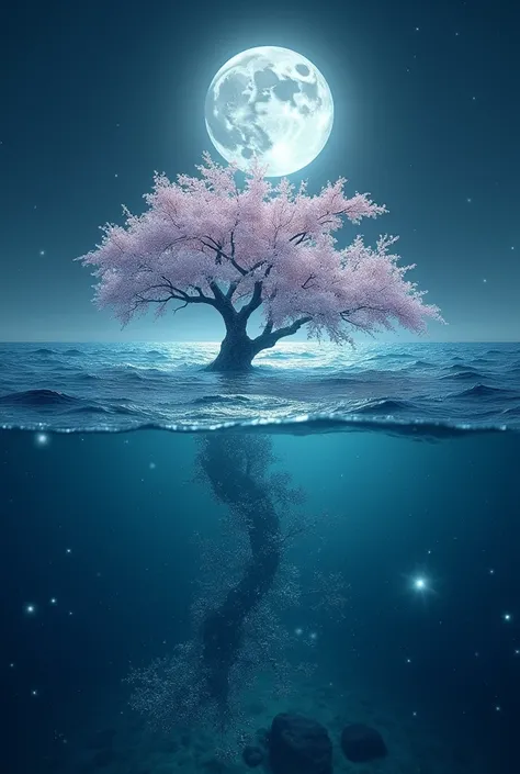 The same night view of the sea、Seen from a little distance、The moonlight reflects on the water、With each sway of the waves, you can see the cherry blossom trees swaying gently underwater.。The countless particles of light surrounding the cherry tree、Moving ...