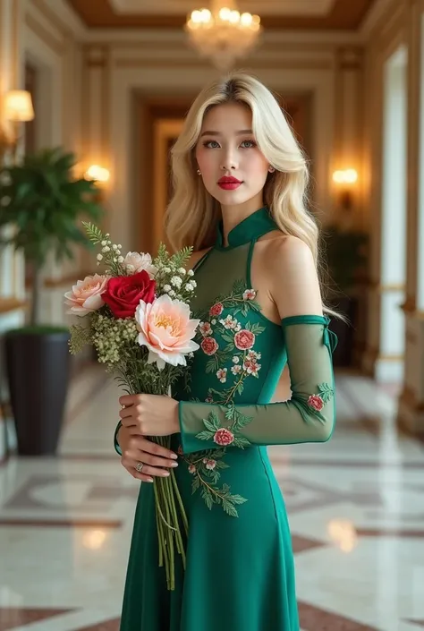 A super cute Asian girl, 18-20 years old, extremely beautiful, blonde hair, blue eyes, red lips, white skin, using high-end cosmetics. The girl is wearing an emerald green dress embroidered with brocade flowers, modern fashion 2024. The girl is standing in...