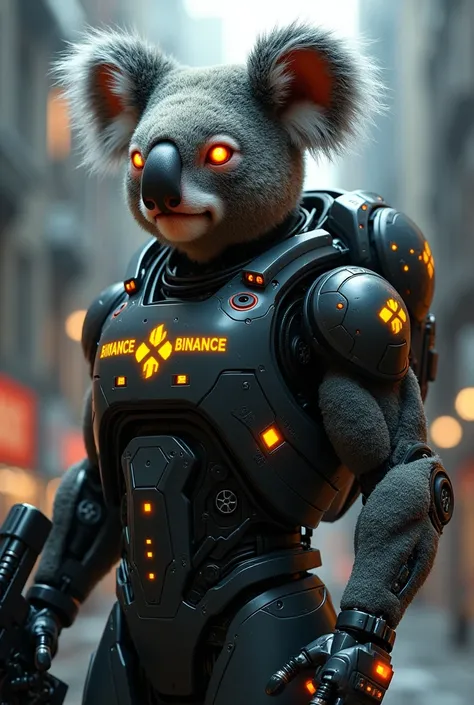 "Create a photorealistic image of a Koala bear reimagined as a male mecha Terminator. The Koala is equipped with a high-tech, futuristic exoskeleton that has Binance Logo all over and  featuring metallic and robotic elements. One side of the face is partia...