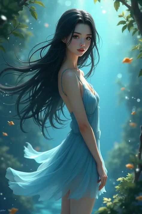 Water Fairy,long black hair,Caucasian skin,short blue dress