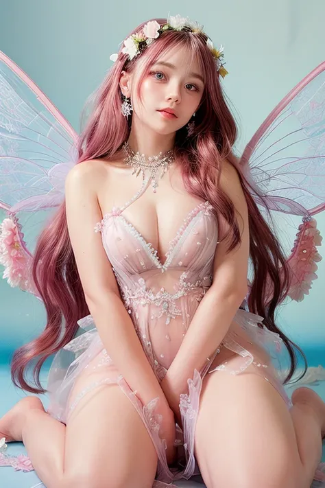 A person is kneeling gracefully against a vibrant pink background. They are adorned with delicate, translucent fairy wings and wearing a shimmering, blue-and-white outfit. Their long, wavy hair is embellished with tiny floral accents. The setting and the p...