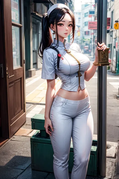 Vietnamese, beautiful teenage nurse wearing in white nursing pants, back view. Attractive woman, tall, thin waist, very large breasts and hips. She is holding a large old key in each hand.