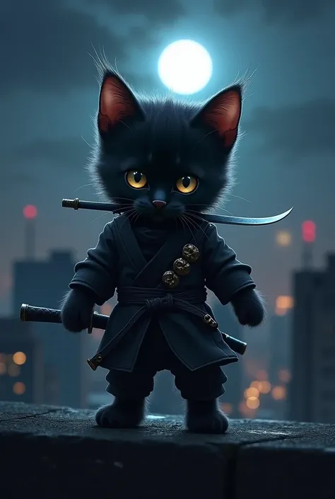 Cute black kitten dressed as a ninja、Dark Night、A ray of moonlight、Rooftop、Sword in mouth