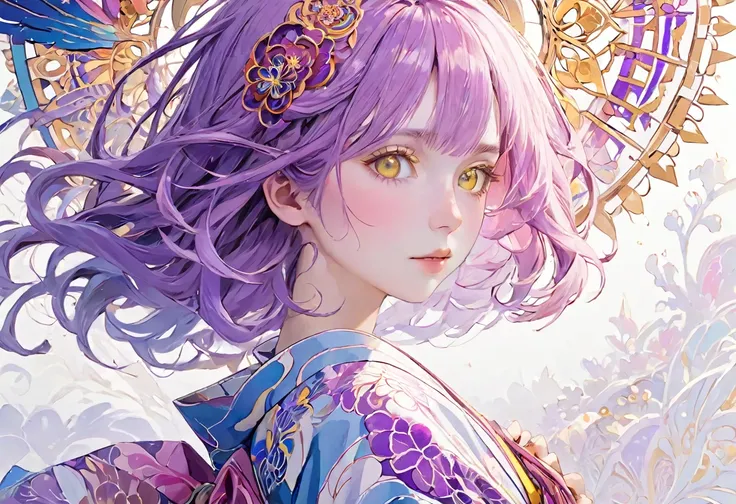 (((White background、White world)))、2、Unity 8k wallpaper、Super detailed、Beautiful and aesthetic、masterpiece、Highest quality、(Tangle、Mandala、Tangle、Tangle)、(Fractal Art:1.3)、One Woman、, violet eyes, Beautiful violet hair、Japanese、Big pink、Yellow kimono、Japan...