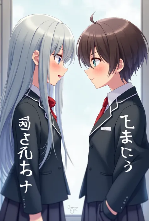 A silver hair girl facing on left and boy facing on right giprs in morden school uifom and boy also in school uniform girl hair is silver and boy hair is brown writing opposite on their top as tittle