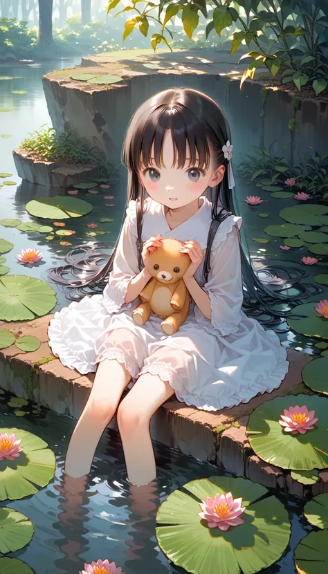 there is a girl sitting on a leaf, (white  clothes), fresh color scheme, there's a stuffed toy, guvez style art, popular na cgst...