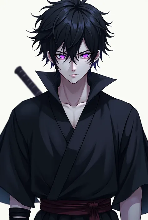 1male , black hair , glowing purple eyes , messy hair , pale skin , Black shortsleeve haori with wraps on wrist , Ninja Clothing , young