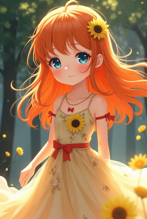 A young girl about , orange hair, blue eyes, wearing a yellow evening dress with bows and sunflowers, discreetly decorated. Light, artistic, anime characters.
