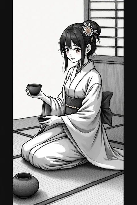  traditional Japanese tea ceremony, kimono, tatami, Masterpiece, top class, unique, line drawing background, white background, monochrome, line drawing, ((sketch)).