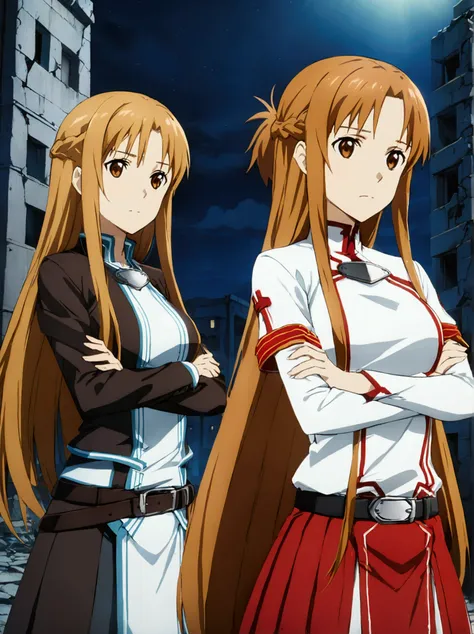 (((asuna, anime art style, long_hair, skirt, brown_hair, brown_eyes, very_long_hair, belt, crossed_arms))), urban battlefield, ruins, night sky, depth of field, cinematic, game cg, anime screencap, official art, masterpiece, best quality,  (((cloned face))...