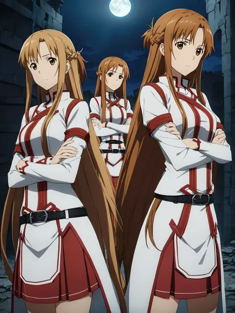 (((asuna, anime art style, long_hair, skirt, brown_hair, brown_eyes, very_long_hair, belt, crossed_arms))), urban battlefield, r...