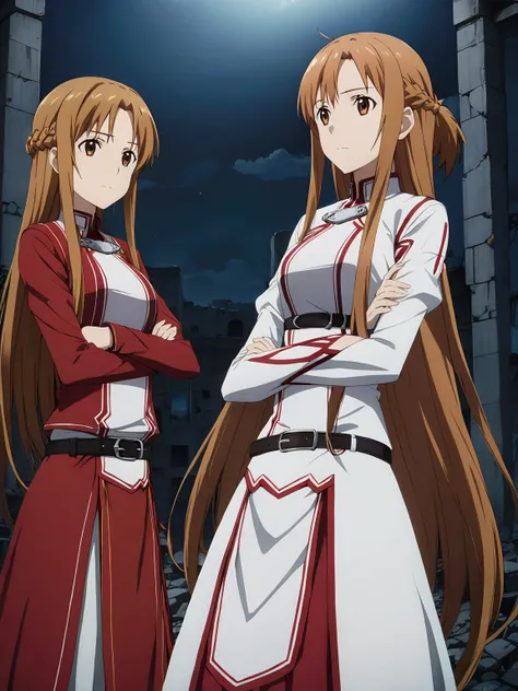 (((asuna, anime art style, long_hair, skirt, brown_hair, brown_eyes, very_long_hair, belt, crossed_arms))), urban battlefield, ruins, night sky, depth of field, cinematic, game cg, anime screencap, official art, masterpiece, best quality,  (((cloned face))...