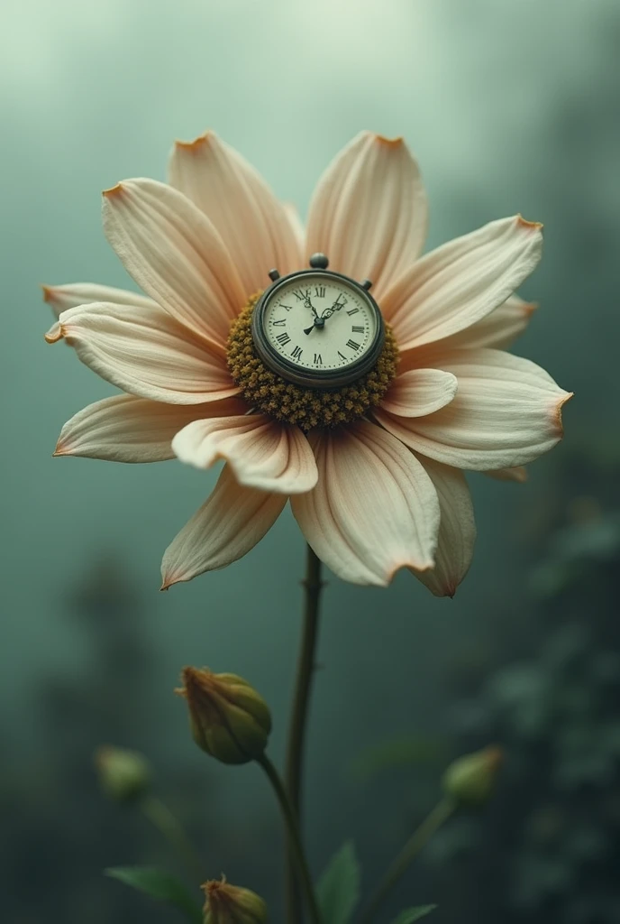 A surreal flower that has a clock in the middle and is dying 