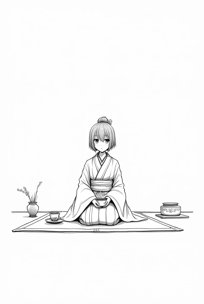  traditional Japanese tea ceremony, kimono, tatami, Masterpiece, top class, unique, line drawing background, white background, monochrome, line drawing, ((sketch)).