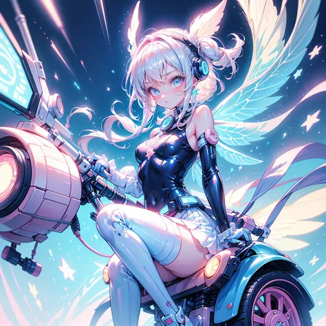 1girl,Perfect Anatomy、、Perfect joints、Highest quality、Masterpiece、Star Fairy、cyber punk、simple background、Kawaiitech、Big Goggles、one piece、Cute and unique scooter,KAWAII TECH,