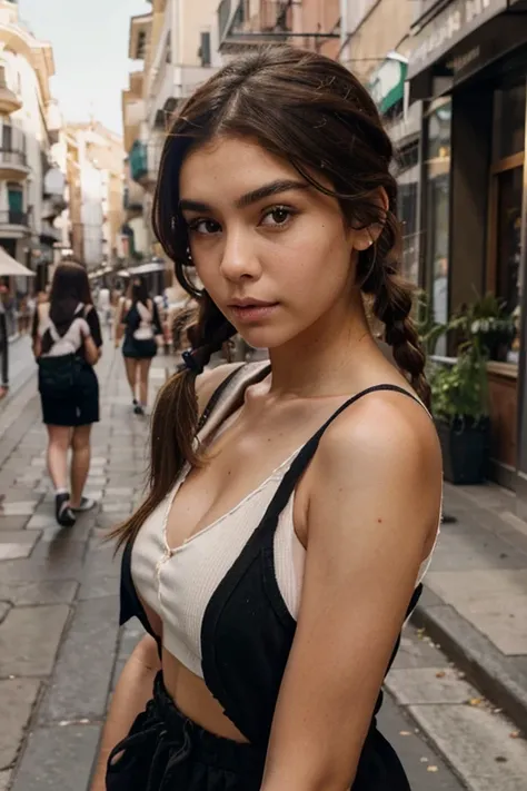 a woman with brown hair in the street ,::  ,:: madison beer, streaming, pigtail, photorealistic - h 6 4 0, 🎀 🧟 🍓 🧚, see, live2d, looks like laura barriales, —ar 16:9, sam nassour, 5 0 s, insanely cute, in madrid, straight eyebrows, in summer clohtes