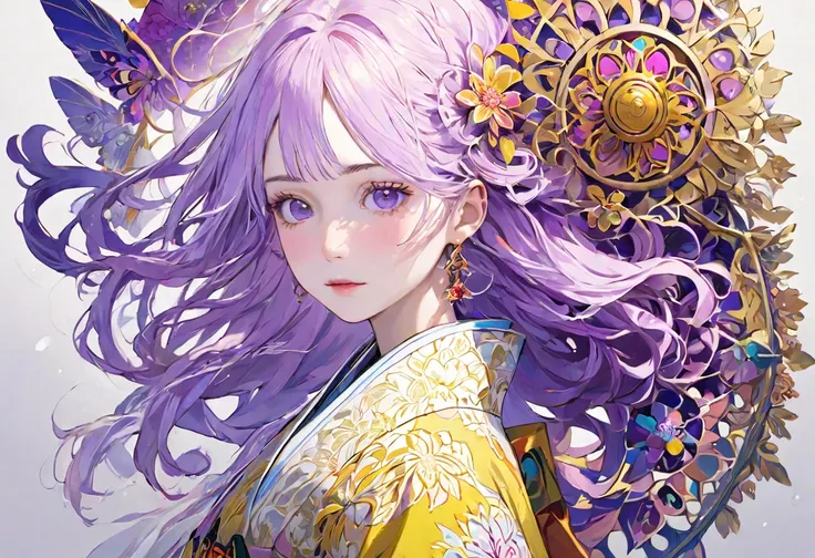 (((White background、White world)))、2、Unity 8k wallpaper、Super detailed、Beautiful and aesthetic、masterpiece、Highest quality、(Tangle、Mandala、Tangle、Tangle)、(Fractal Art:1.3)、One Woman、, violet eyes, Beautiful violet hair、Japanese、Big pink、Yellow kimono、Japan...