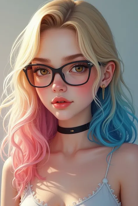 Girl, blonde hair with blue and pink highlights, wear glasess, hazel big eyes, perfect lips,portrait