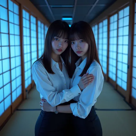 ((Identical twin sisters with their arms around each other&#39;s shoulders))　((Japanese))　((Plump and glossy lips))　((Medium-long brown hair with bangs))　((Looking into the camera))　((White button shirt and black enamel tight skirt))　　Low angle shot of a p...