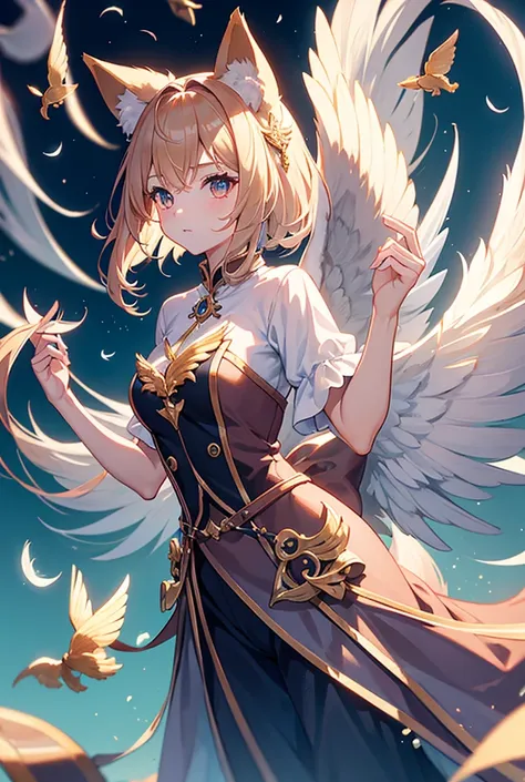 masterpiece 1 girl, Fox ears、Fox Tail、feathered wings、Double tail, High resolution, high quality, Ultra HD, 