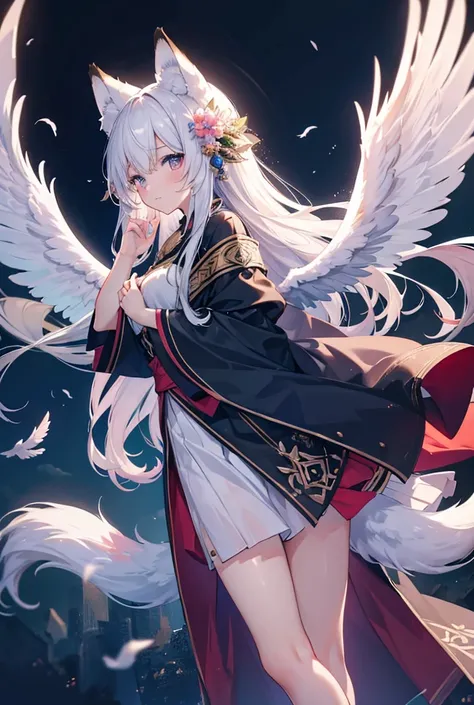 masterpiece 1 girl, Fox ears、Fox Tail、feathered wings、Double tail, High resolution, high quality, Ultra HD, 