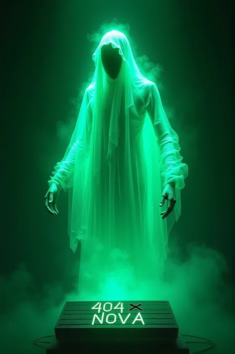 a glowing neon green ghost with a glitch effect holding the board written 404 x Nova (capital letter) which is in a gaming keyboard