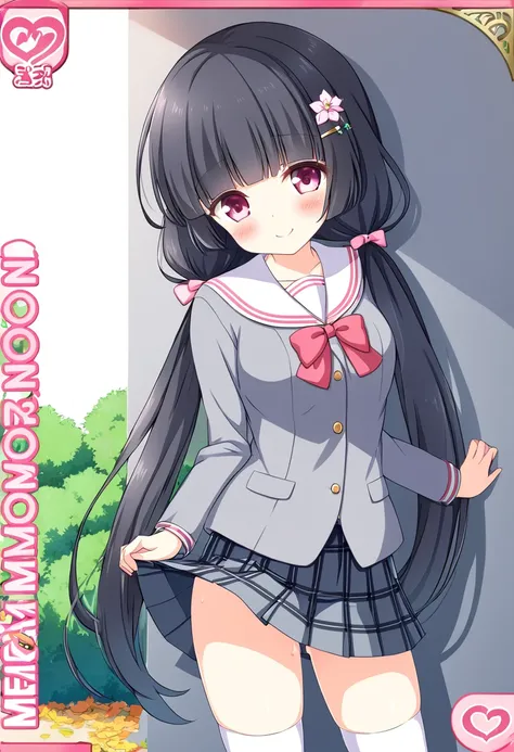 nsfw,nsfw,((womanを一人だけ描く))、(Alone Girl)、(１woman)、MORIZONOMEI, BLACK HAIR, HAIR FLOWER, HAIRCLIP, BLUNT BANGS, LOW TWINTAILS, HAIR OVER SHOULDER, LONG HAIR, PINK EYES,high resolution、anime、Alone and pure,smile、美しい日本のwoman, 16 years old、Fine skin,美しい日本のwoman...