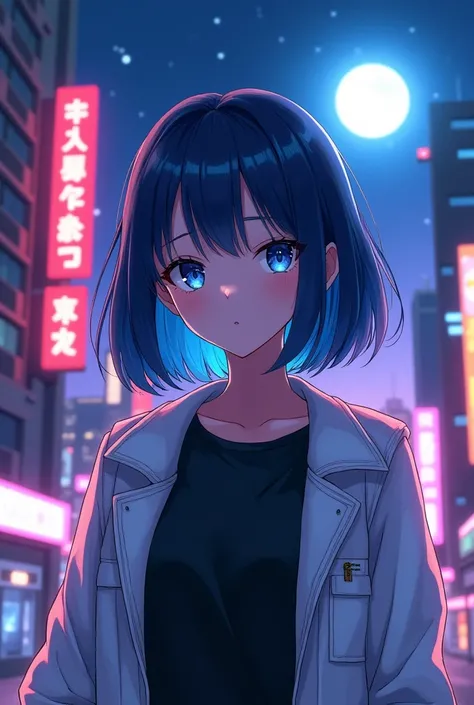 1 girl,neon short hair, background night city with a full moon,shining blue eyes,Anime art, wearing inner black shirt with a white jacket,High quality Masterpiece,Medium breasts, attractive eyes