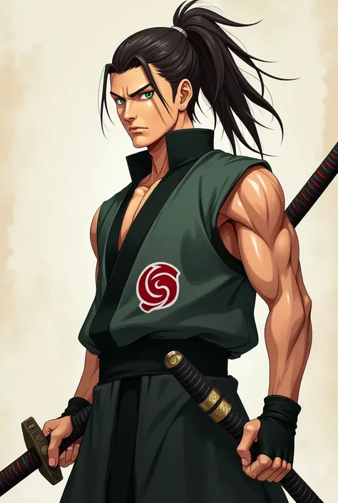 Naruto art style. Kazuki is a tall and lean man, standing at 61" (185 cm) with a muscular build. His sharp, angular features are framed by long, dark brown hair that he keeps tied back in a high ponytail. He has piercing green eyes that seem to always be a...