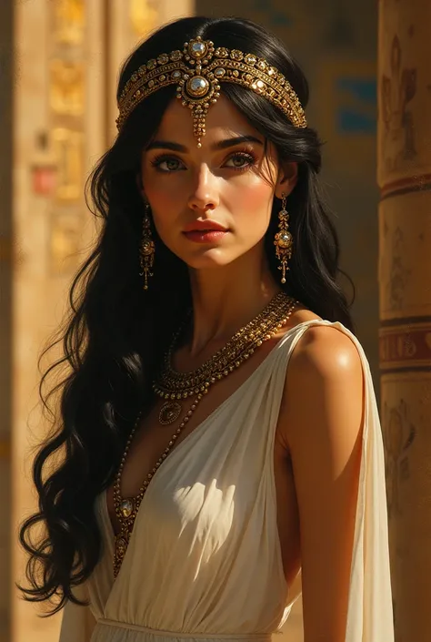 A woman from Egypt, cleopatra, tall with dark blonde hair, and younger in age 