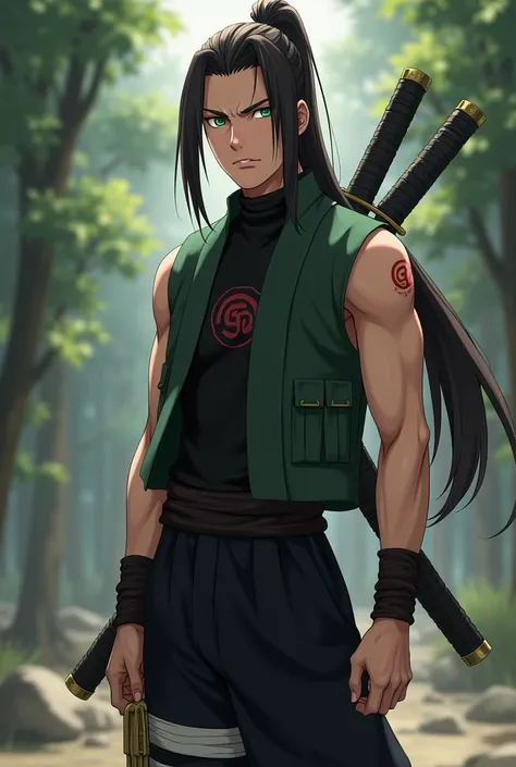 Kazuki is a tall and lean man, standing at 61" (185 cm) with a muscular build. His sharp, angular features are framed by long, dark brown hair that he keeps tied back in a high ponytail. He has piercing green eyes that seem to always be analyzing his surro...