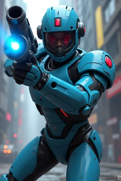 A young man, he is an android, His arm is a cannon and shoots blasts of blue energy like fire, he points his hand at me in attack position, he has a helmet with a large glass lens with a futuristic HUD, blue futuristic armor, he has a red glowing jewel on ...