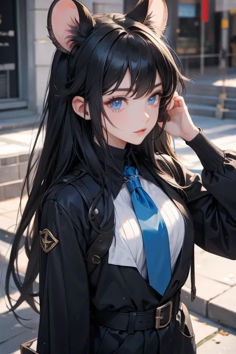 Female, black hair, blue eyes, rat ears