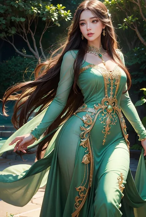 a gorgeous woman with an hourglass figure, cute face, long flowing hair, beautiful green eyes, detailed nose and lips, striking pose, elegant dress, delicate jewelry, serene garden background, cinematic lighting, intricate details, high quality digital art...