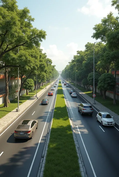 Design a road profile with the following layout, a pedestrian platform, a parking bay, a vehicular lane heading north, a green separator with native trees from the city of Bogota. On the sides of the separator, there are two bike lanes, it is asphalt, and ...