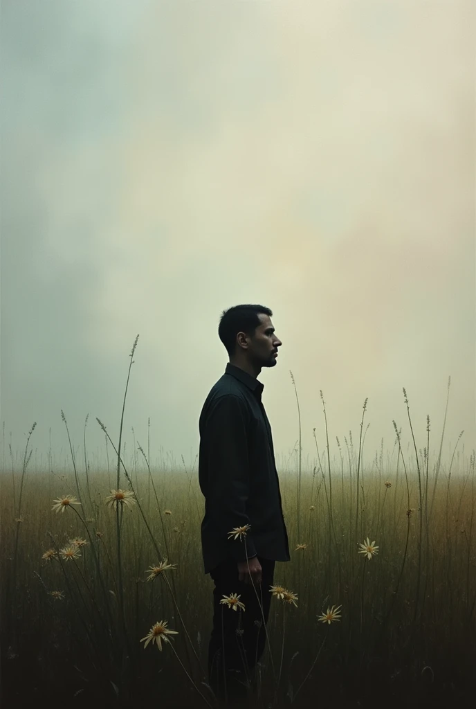  Create me a simple painting that belongs to the surrealist avant-garde, that represents a mind as an empty meadow and a silhouette of a man. Just like the silhouette of a man in a shadow and behind him it looks as if he were inside a mind and was seeing t...