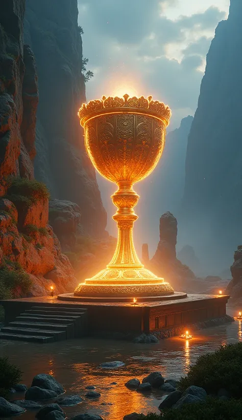 a giant glowing chalice, larger than any person, on an altar, intricate detailed fantasy scene, fantasy landscape, dramatic lighting, glowing embers, volumetric lighting, cinematic composition, warm colors, moody atmosphere, photorealistic, 8k, highly deta...