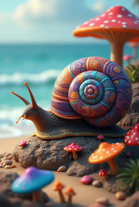 big snail 
have colorful mushroom 
besides beach 