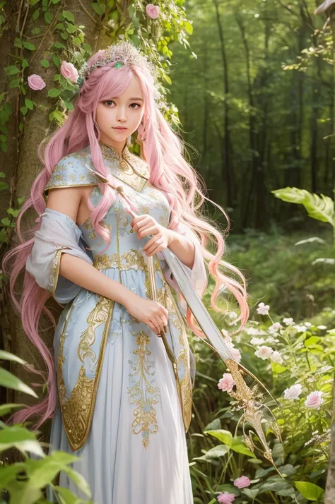 8k, RAW photo, best quality, masterpiece:1.2), (realistic, photo-realistic:1.4), (extremely detailed 8k wallpaper),Create a high-resolution, cute fantasy illustration of a warrior princess in an enchanted forest. The princess has a youthful, adorable face ...