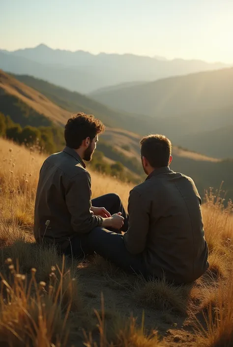 DAvid sitting next to a man on a beautiful hill consoling and comforting him, up close camera angle in the style of , wealthy portraiture, narcos, wimmelbilder, digitally enhanced, 1970–present, urban energy, associated press photo