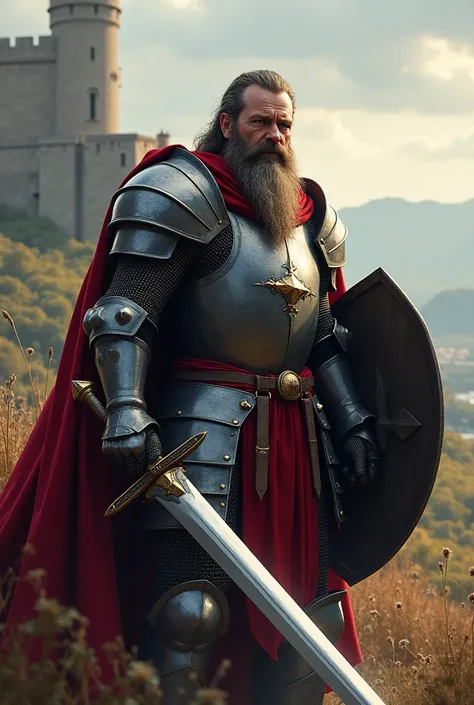 Knight with big beard in knight outfit 
